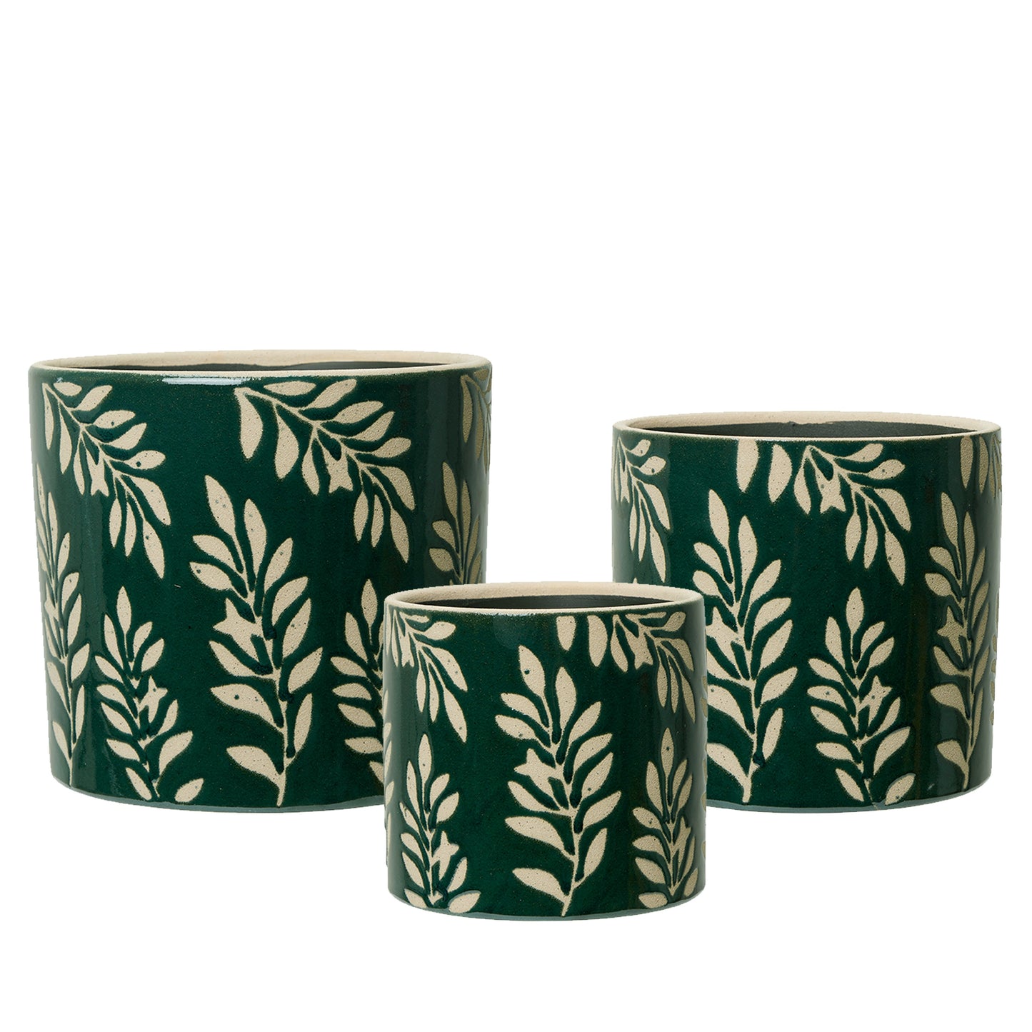 Green Sgraffito Stoneware Plant Pot