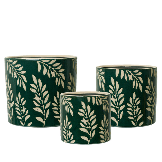Green Sgraffito Stoneware Plant Pot